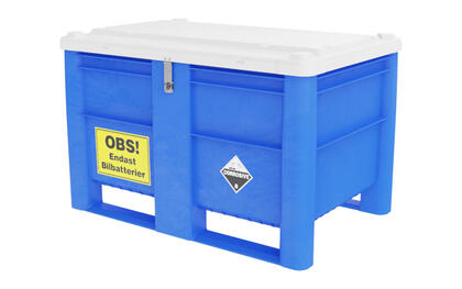 Dolav 800 plastcontainer används för insamling av farligt avfall som bl.a bil- och lastbilsbatterier och finns i flera olika färger och tillbehör.